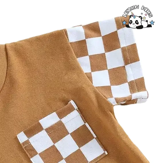 LEZONKIDS - Customizable Summer Checkerboard Plaid Short Sleeve T-Shirt Elastic Waist Shorts Boys Set